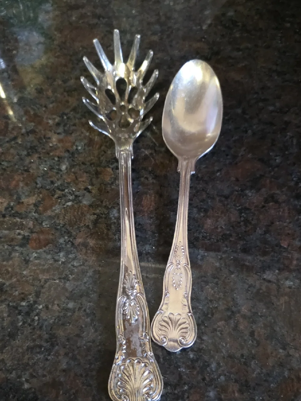 Ornate Silver-Color Serving Spoon and Pasta Fork Set - Classic Home Dining